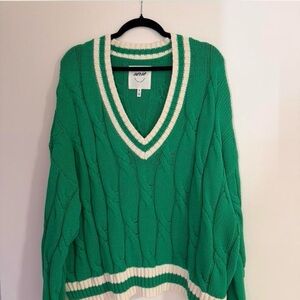 aerie Green V-Neck Cable Knit Sweater with White Trim